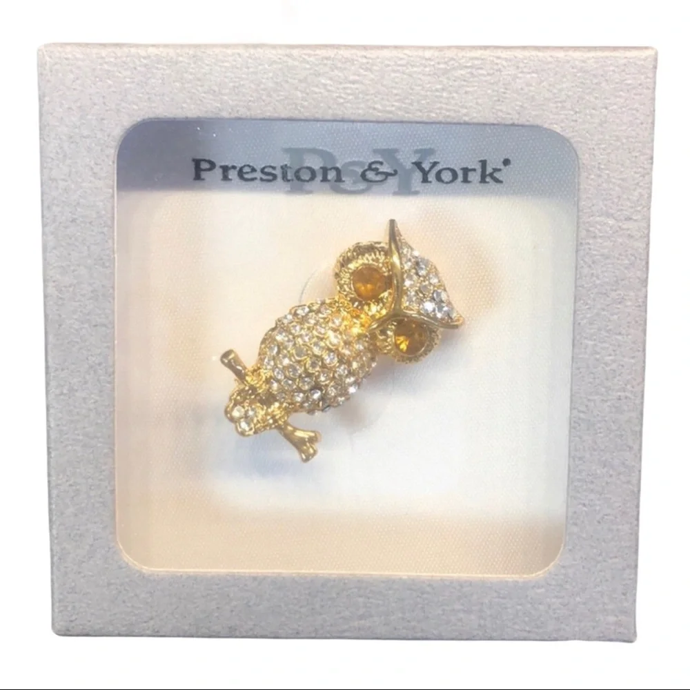Preston‎ & York gold jeweled Owl brooch pin